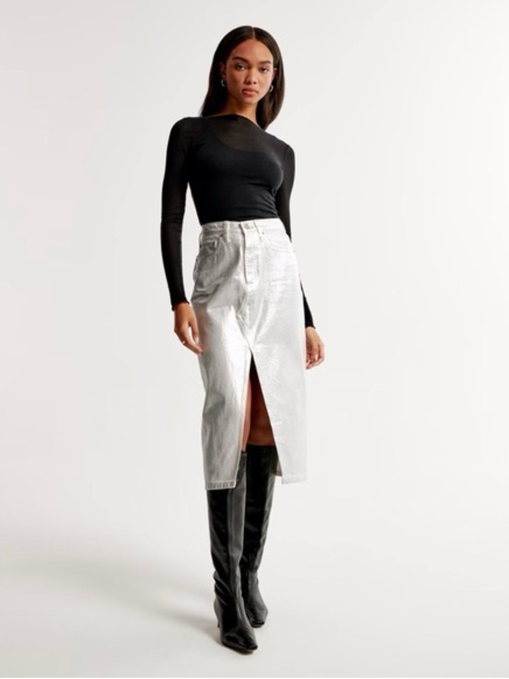 Silver Metallic denim Midi Skirt